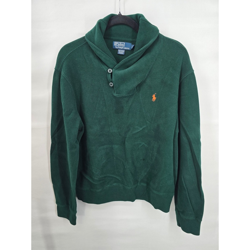 Polo Ralph Lauren Mens Shawl Collar Cotton Knit Sweater Green Orange Pony Large